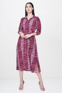 Stripe Front Button Belted Midi