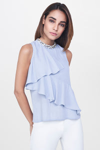 Powder Blue Beaded Ruffle Top