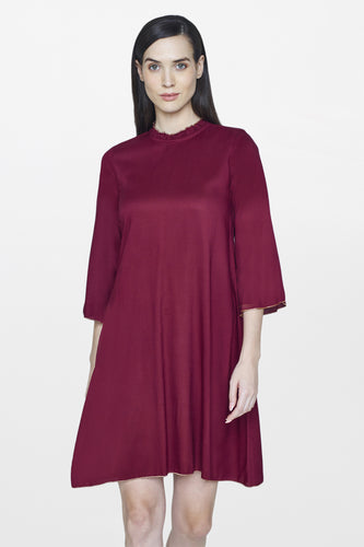 Wine Ruffled Neck Dress