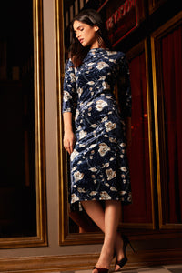 Blue Floral Velvet Dress