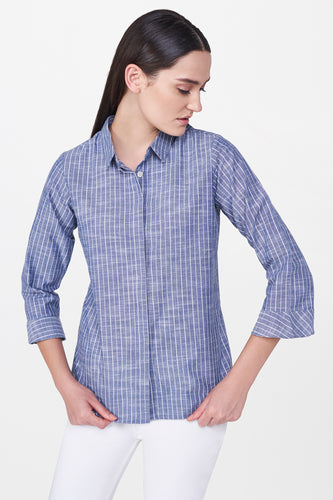 Blue Striped Shirt with Flounce Sleeves