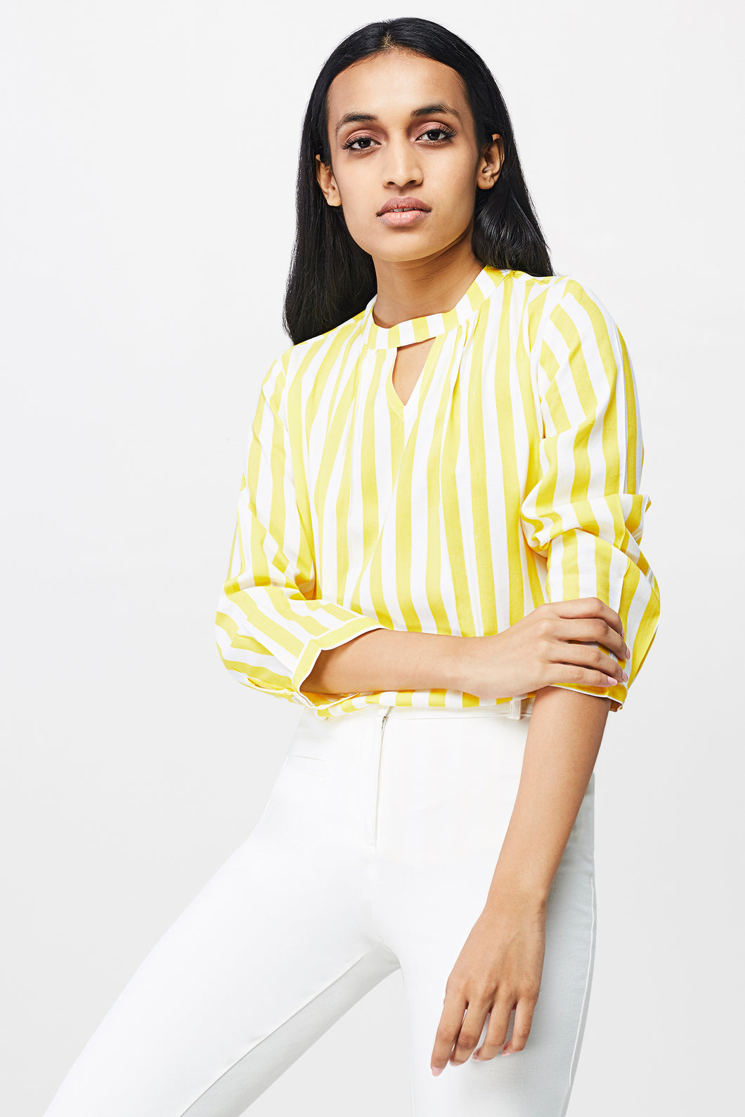 White & Yellow Stripe Top