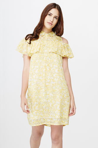 Yellow Floral Cold Shoulder Shift Dress