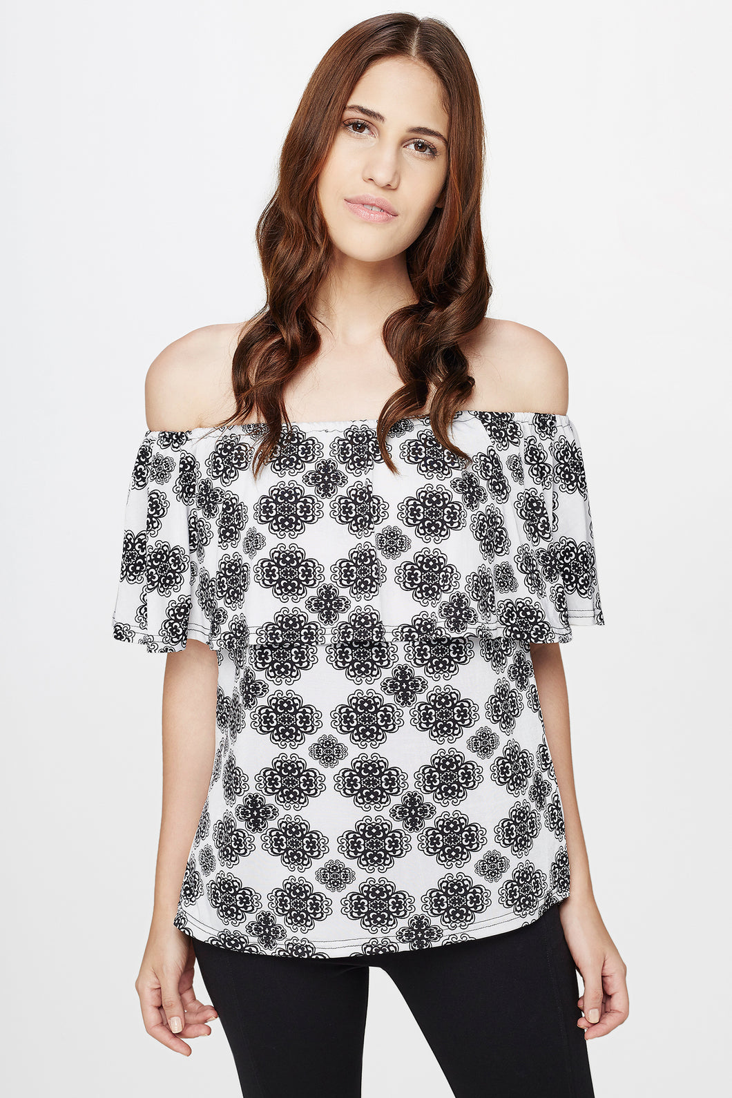 White Printed Off Shoulder Top