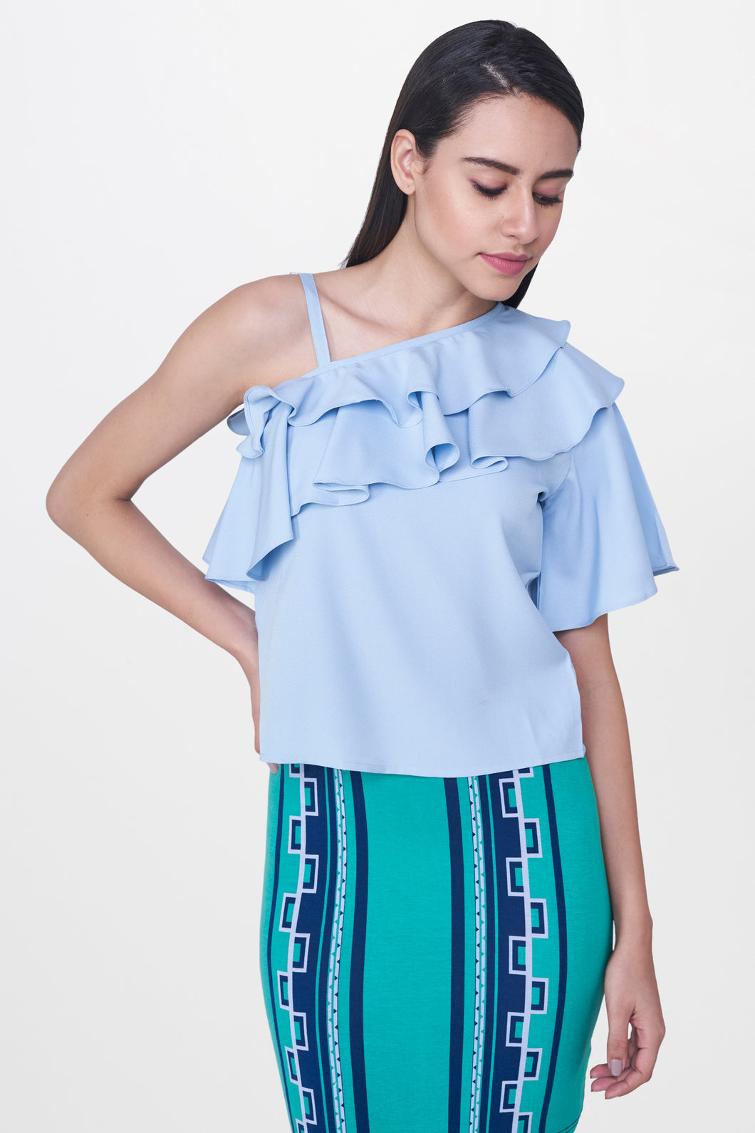 Powder Blue Ruffle One Shoulder Top