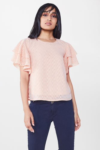 Peach Chevron Tiered Ruffle Sleeves Crop Top