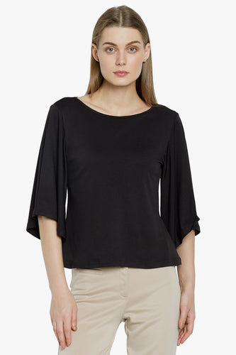 Black Solid Bell Sleeved Top
