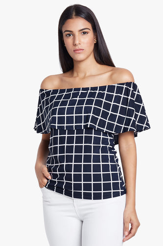 Navy Checkered Off Shoulder Top