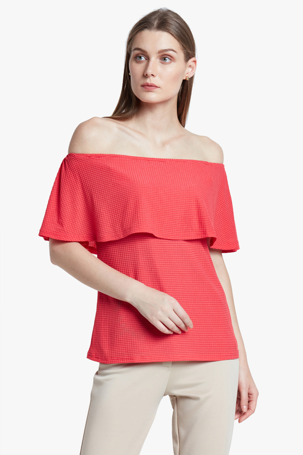 Tomato Off-Shoulder Checked Top