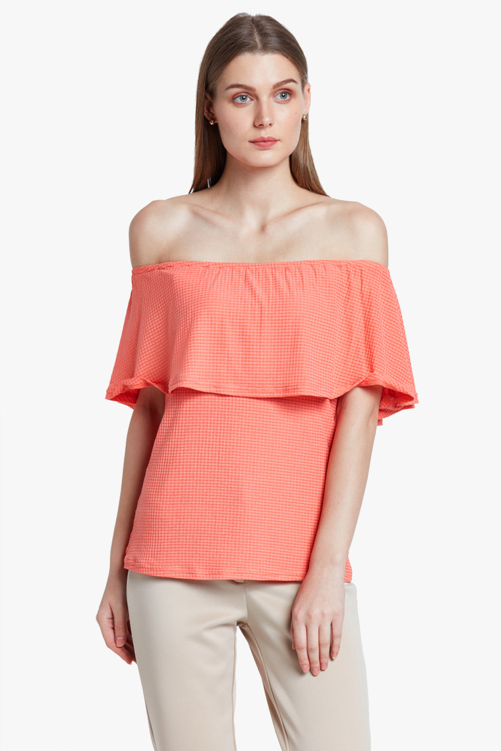 Peach Off-Shoulder Checked Top
