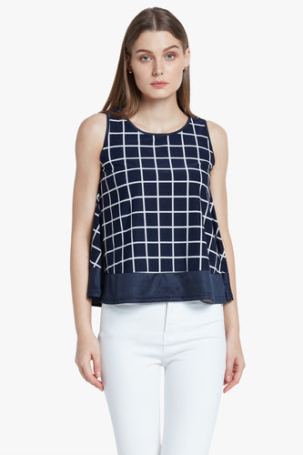 Navy sleeveless checked top