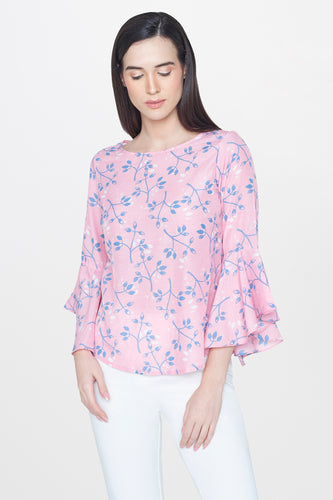 Coral Ruffle Sleeve Printed Top