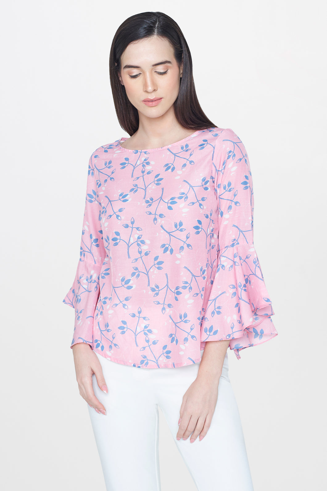 Coral Ruffle Sleeve Printed Top