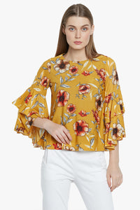 Mustard Flared Sleeved Floral Top