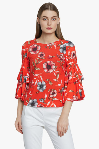 Red Flared Sleeved Floral Top