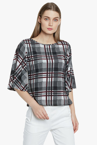 Black Checked Flare Sleeved Top