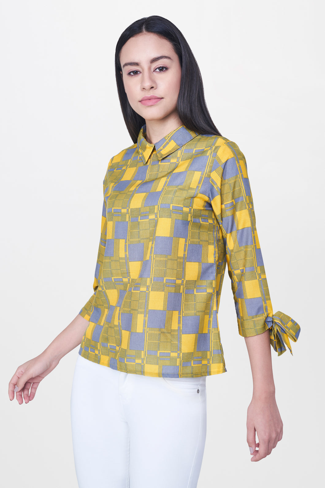 Mustard Geometric Collared Top