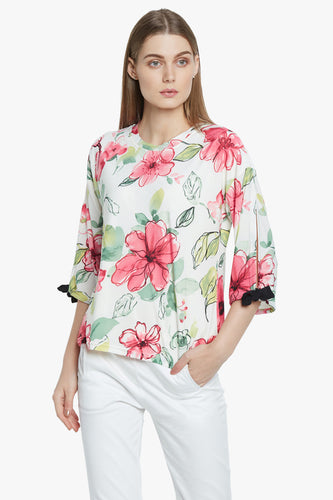 White Floral Print Top