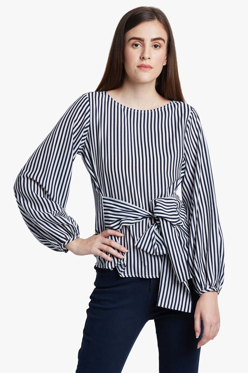 Blue &White Striped Front Tie Top