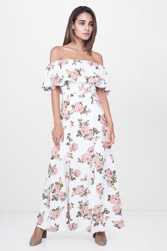 White Floral Front Slit Gown