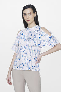 Blue Printed Cold Shoulder Top