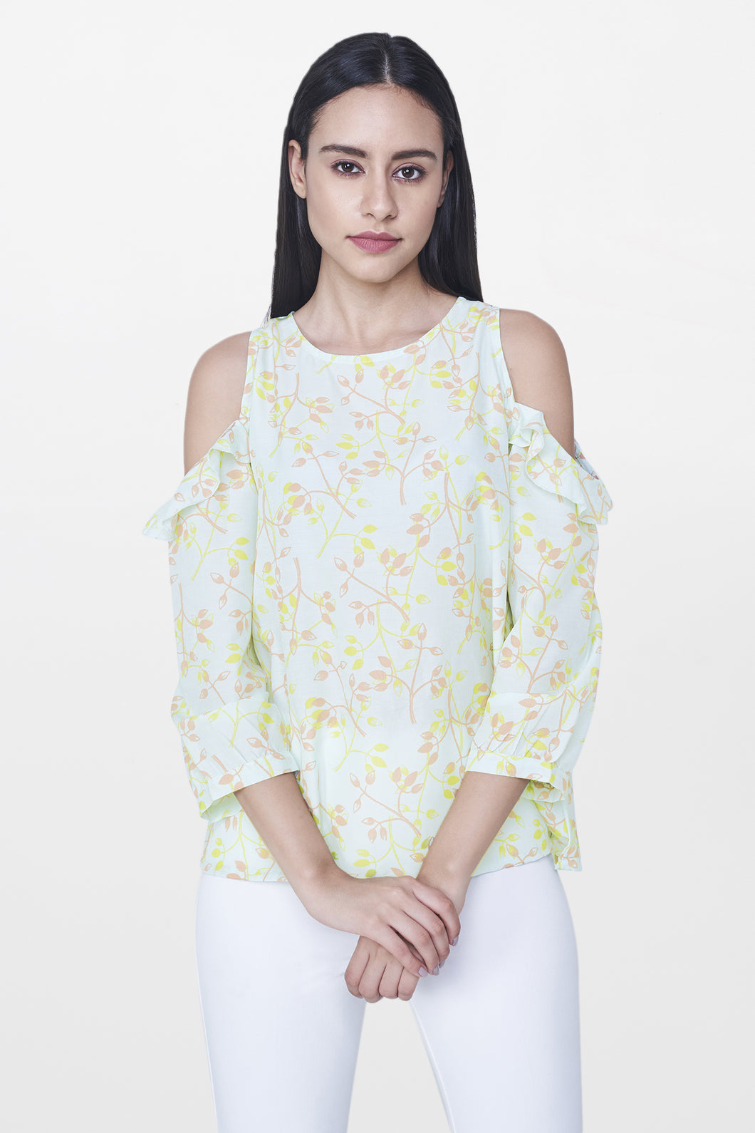 Lime Floral Cold Shoulder Top