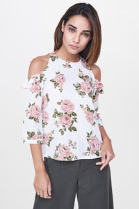 White Floral Cold Shoulder Top