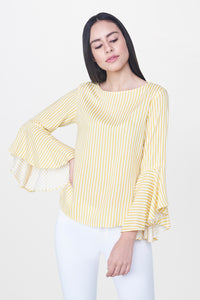 Yellow Ruffle Sleeve Striped Top