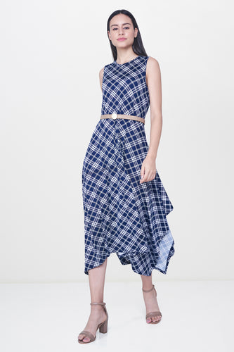 Blue Checks Asymmetric Dress