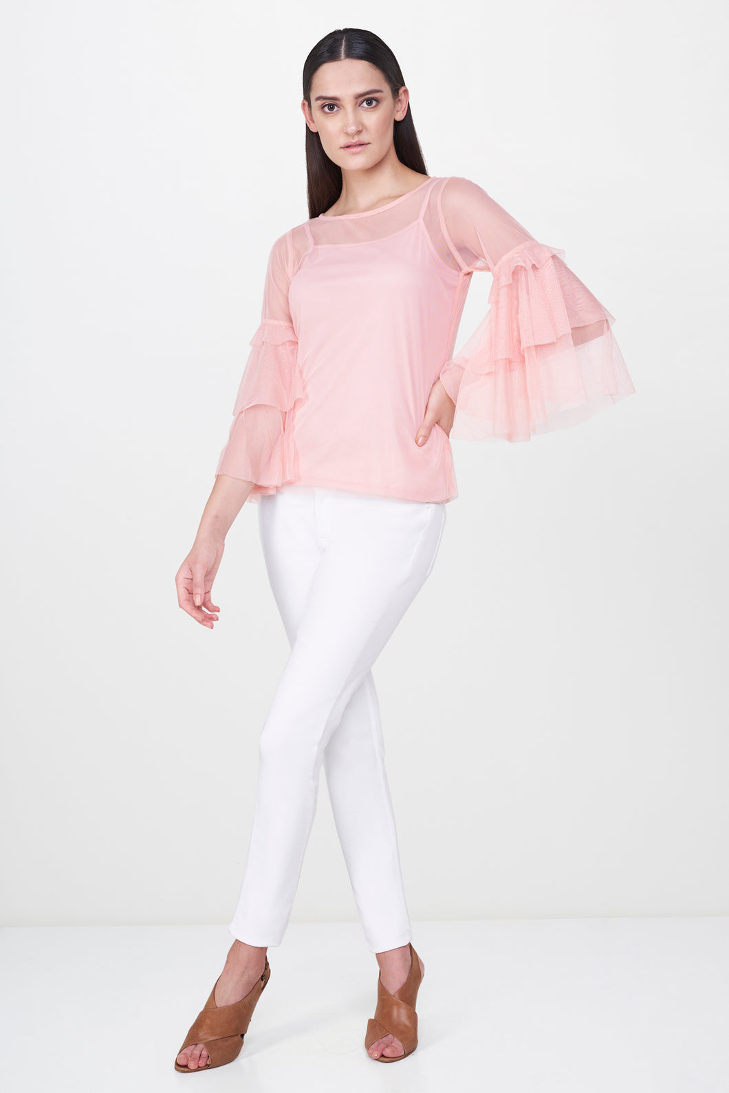 Sheer Pink Flounce Sleeve Top