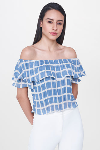 Blue Crushed Off Shoulder Top