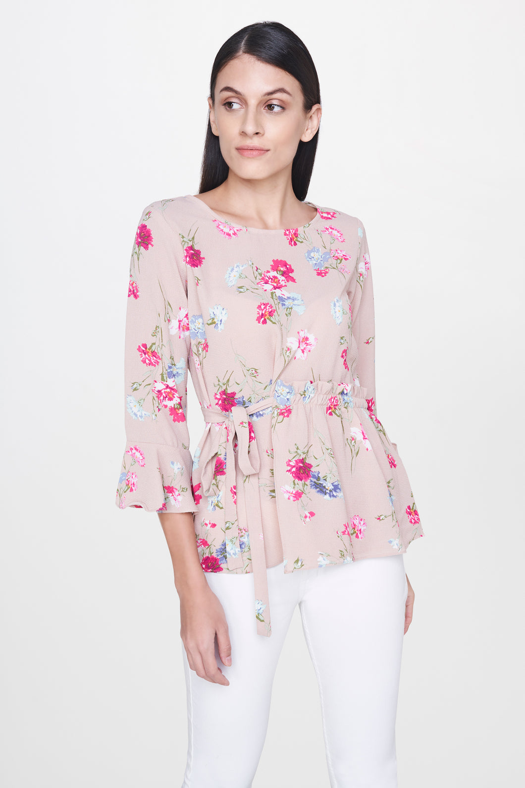 Beige Floral Tie-Up Top