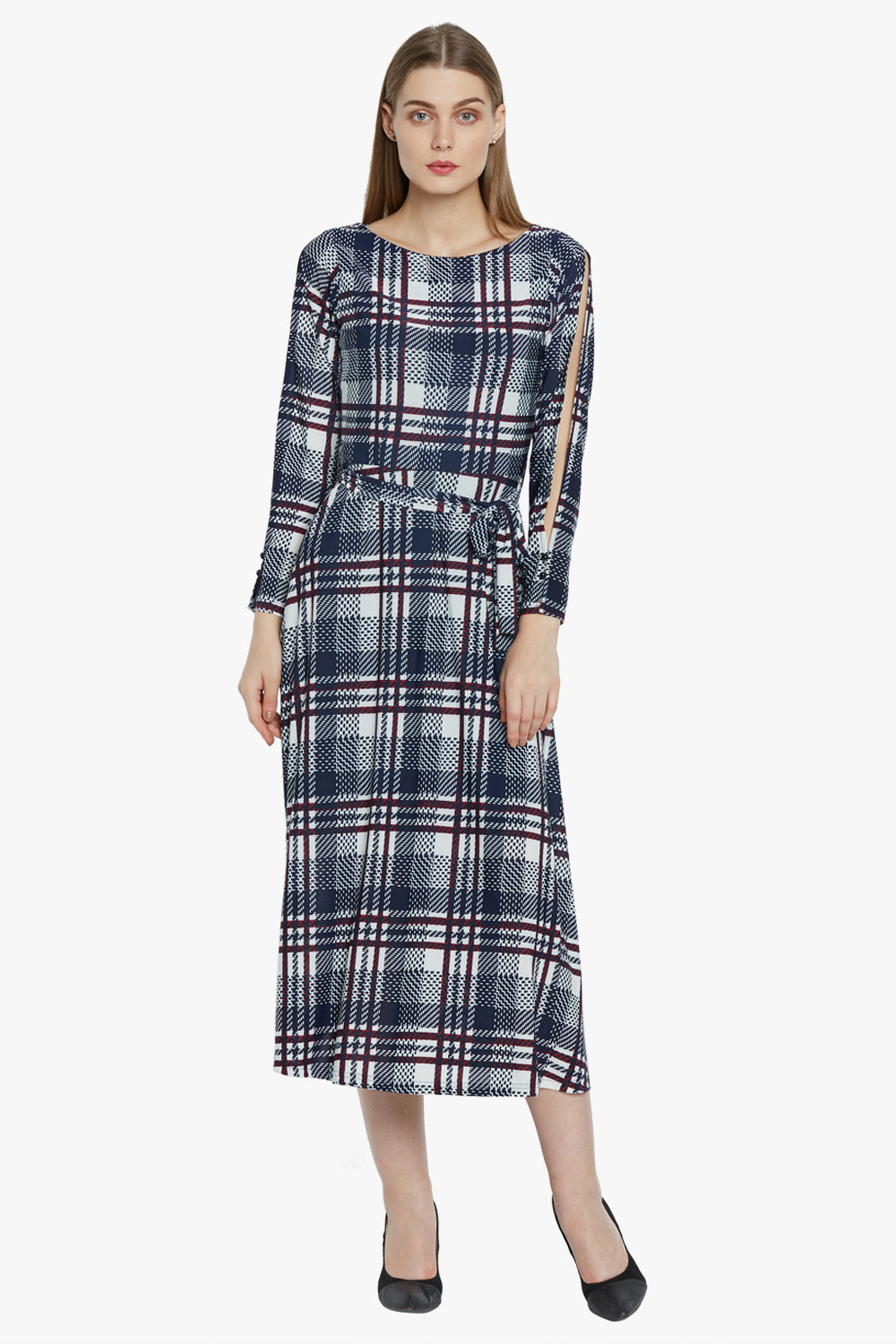 Navy Checked Midi Dress