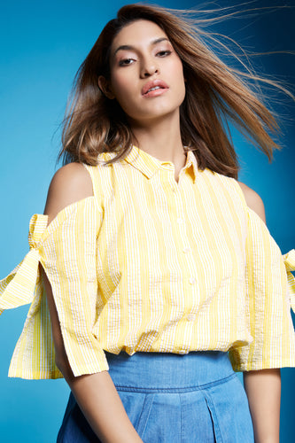 Yellow and White Cold Shoulder Stripes Shirt