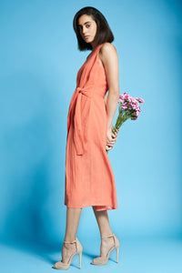 Coral midi dress with front tie-up belt