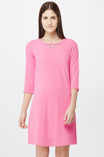 Pink Embellished Neckline Shift Dress