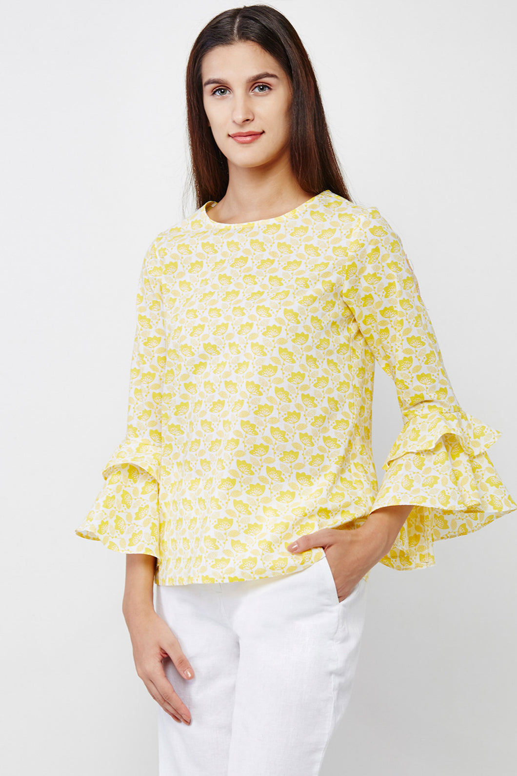 Yellow Floral Print Ruffle Sleeves Top