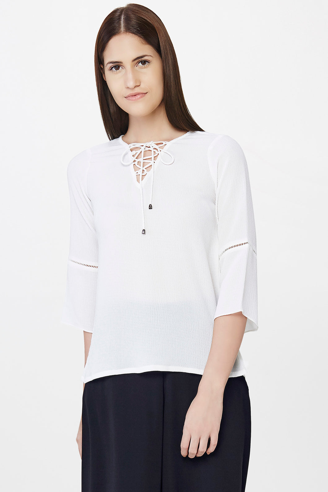 White Tie-up Drawstring Neckline Top