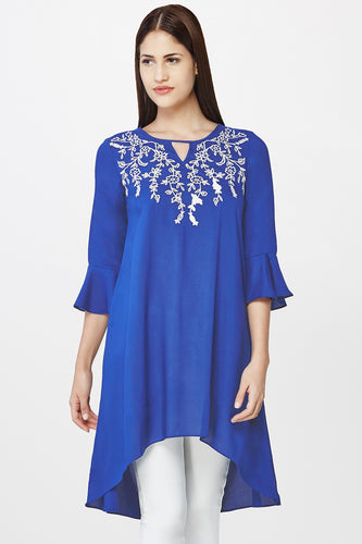 Blue Embroidered High-low Tunic