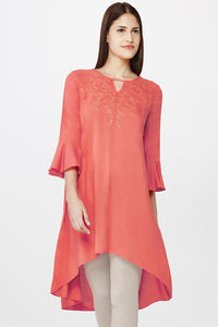 Coral Self-Embroidered High-low Tunic