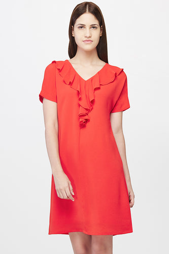 Tangerine Ruffle Neckline Shift Dress