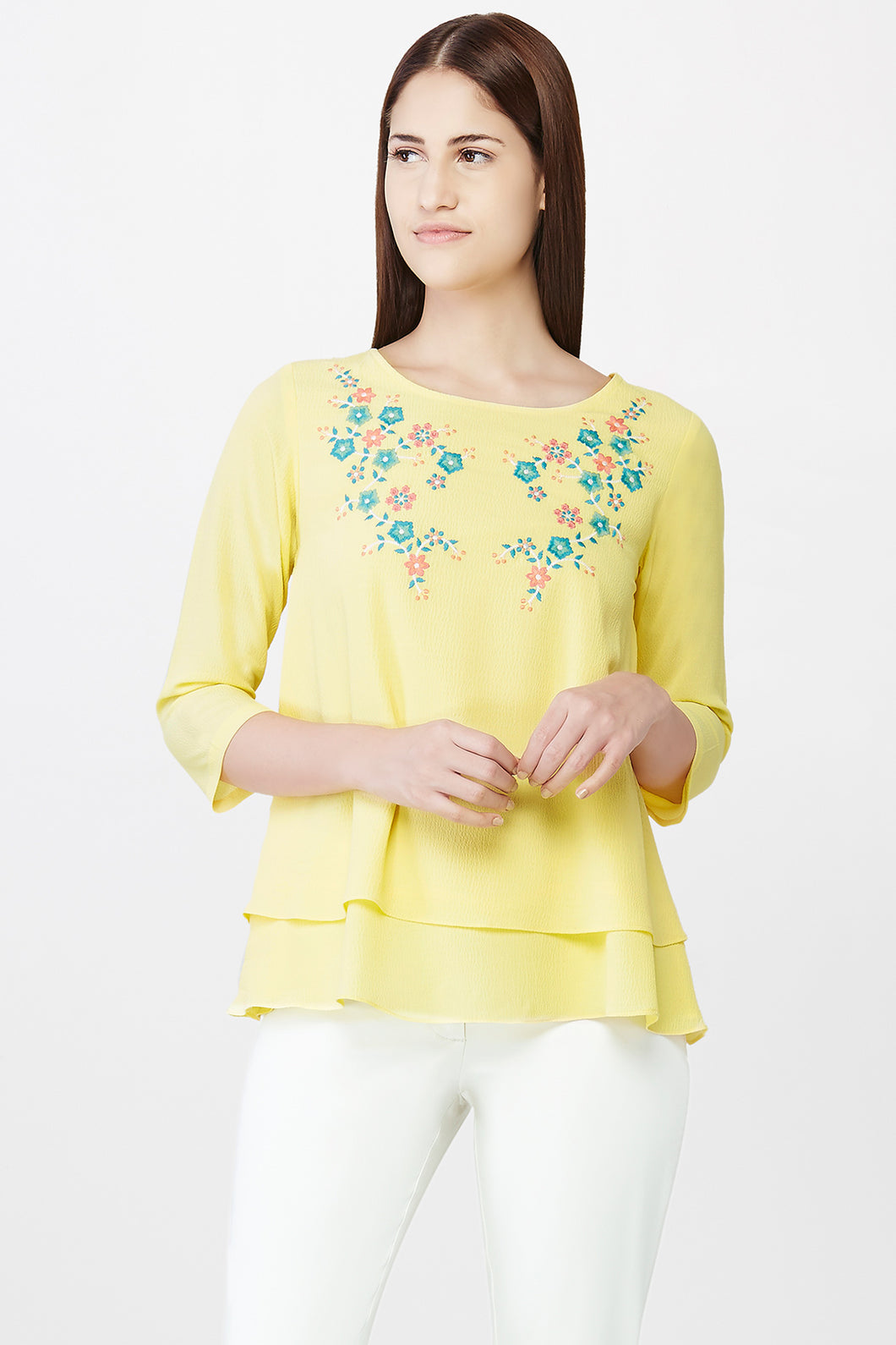 Pastel Yellow Floral Ruffle Hem Top