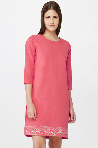 Coral Embroidered Hem Shift Dress