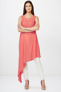 Coral Asymmetrical Embroidered Tunic