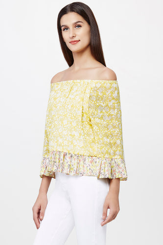 Printed Off-shoulder Ruffle Trim Top