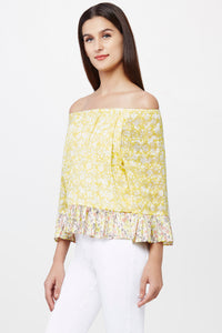 Printed Off-shoulder Ruffle Trim Top