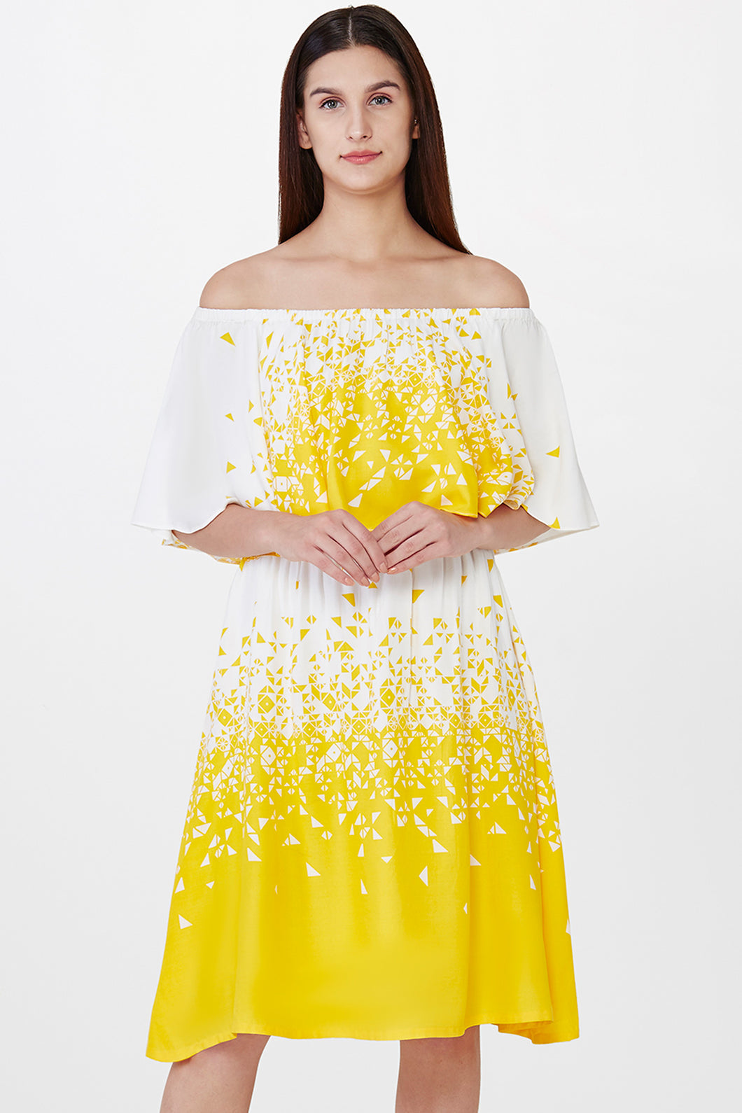 Printed Yellow Off-shoulder Dress