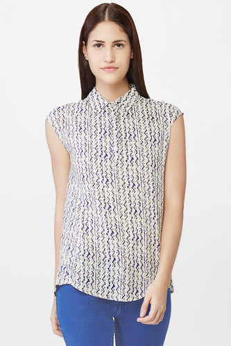 Printed Top With Shirt Collar
