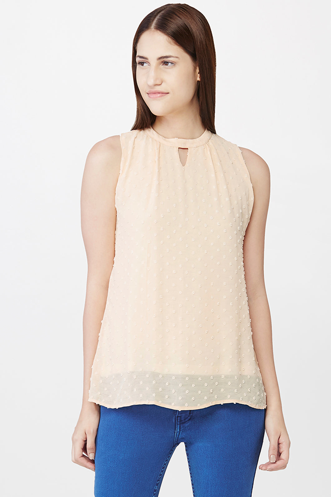 Peach Swiss Dotted Sleeveless Top