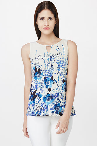 White Floral Print Woven Top